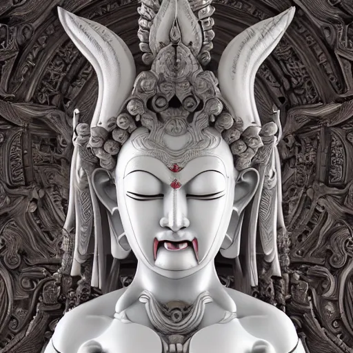 Image similar to naraka buddhist demon korean female, highly detailed, symmetrical long head, smooth marble surfaces, detailed ink illustration, raiden metal gear, cinematic smooth stone, deep aesthetic, concept art, post process, 4 k, carved marble texture and silk cloth, latex skin, highly ornate intricate details, in the style of 8 8 grzes