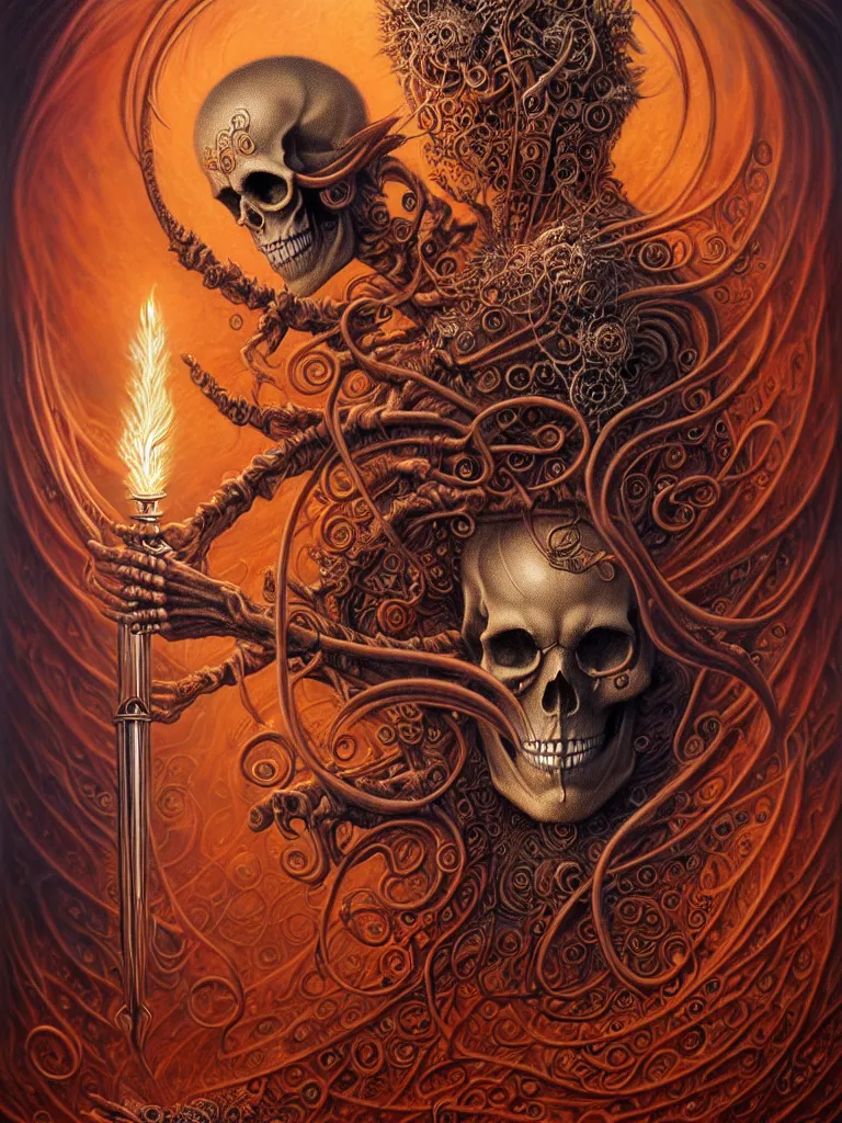 Image similar to A beautiful detailed orixa, tarot card, by tomasz alen kopera and Justin Gerard, symmetrical features, ominous, magical realism, texture, intricate, ornate, royally decorated, skull, skeleton, whirling smoke, embers, red adornements, red torn fabric, radiant colors, fantasy, trending on artstation, volumetric lighting, micro details, 3d sculpture, ray tracing, 8k, anaglyph effect