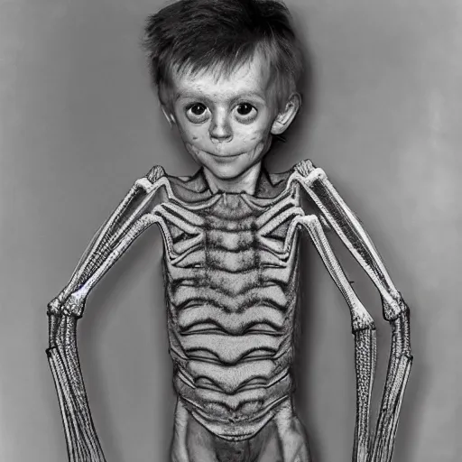 Image similar to The first known case of a man born with spider legs, circa 1982, photograph