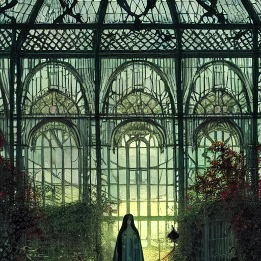 Image similar to a beautiful painting of an eerie hovering ghost inside a large overgrown victorian greenhouse with large windows, warm lights, evening, stunningly beautiful art nouveau architecture, by john atkinson grimshaw