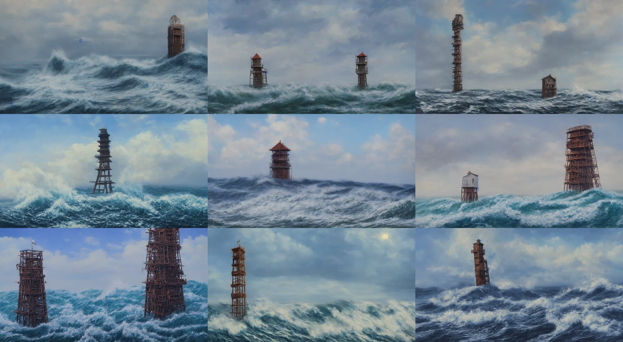 Prompt: beautiful oil painting of a wooden tower in the middle of the ocean at noon, blue sky, big waves, intrincate, mist, masterpiece, by hal foster, etienne hebinger, trending on artstation