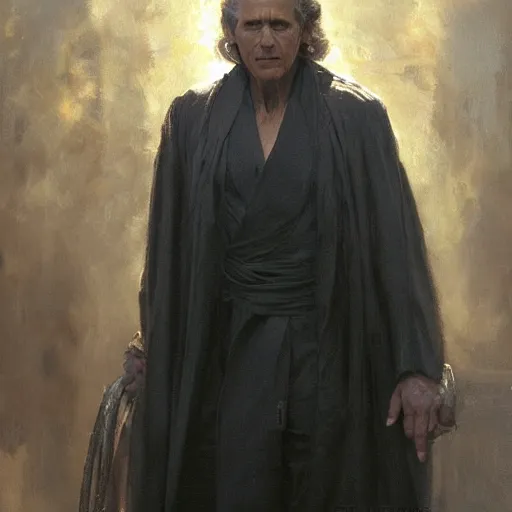 Prompt: detailed realistic cinematic wide shot of beautiful attractive muscular george bush wearing black gold robe slim face symettrical face clean skin black eyes black robe smooth, sharp focus, ultra realistic, spring light, painting by gaston bussiere, craig mullins, j. c. leyendecker