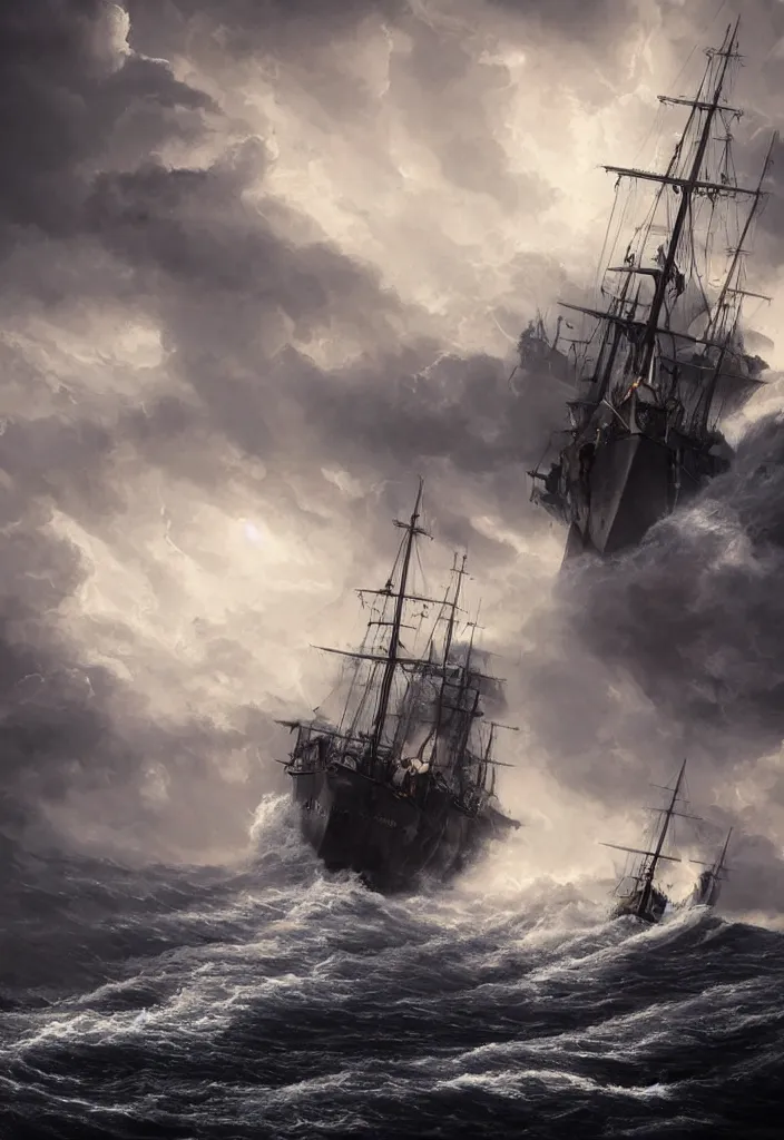 Image similar to ship being persecuted by a police ship over raging turbulent waters, hyper realistic, highly detailed, digital art, apocalyptic, intimidating lighting, raytracing, sharp focus, smooth, romanticism