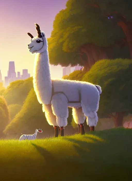 Image similar to a wholesome animation key shot of a llama, close - up, new york zoo in the background, studio ghibli, pixar and disney animation, sharp, rendered in unreal engine 5, anime key art by greg rutkowski, bloom, dramatic lighting