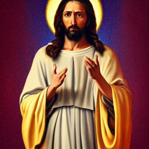 Image similar to uhd real 8 k photo of jesus showing his middle finger, digital art, portrait, portrait concept art, special effects, finely detailed, studio lighting, correct details, correct face, accurate middle finger