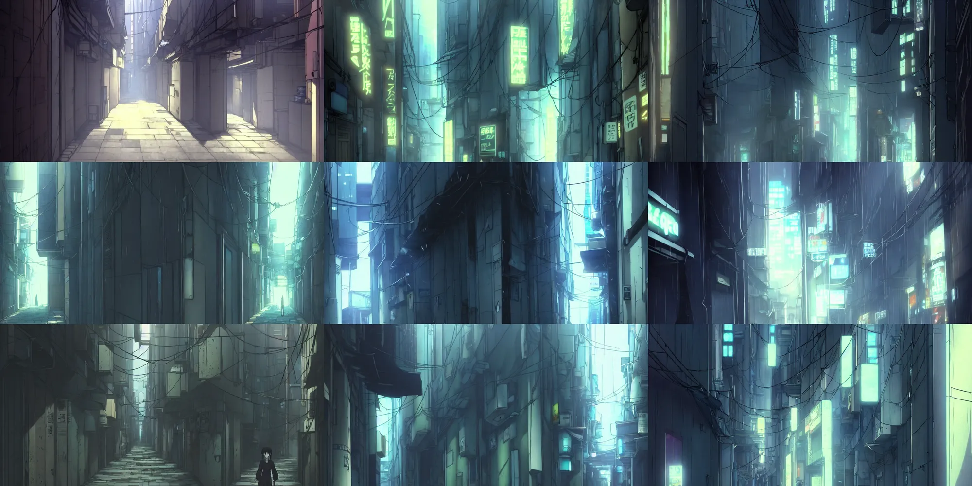 Prompt: a single narrow narrow narrow close close up of an alleyway with ground visible in the cyberpunk anime film, Shichiro Kobayashi, screenshot in the anime series ergo proxy by (makoto shinkai), hazy and dreary
