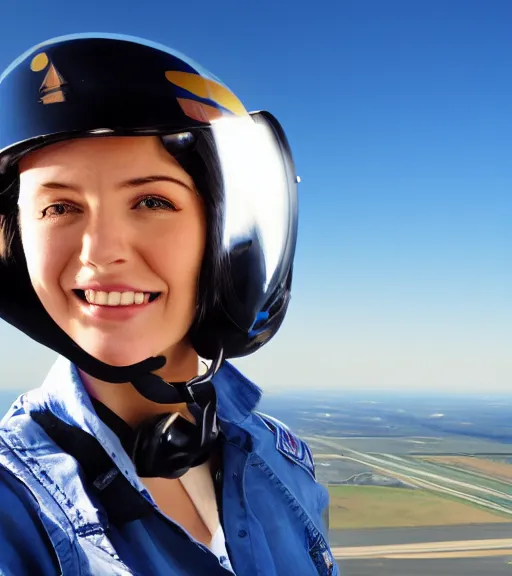 Image similar to a young woman, pilot helmet on, pilot a airplane, blue sky, composition