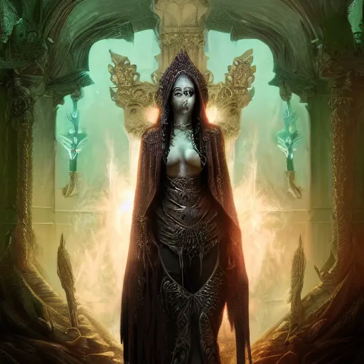 Image similar to priestess of the damned, bella hadid, 8 k resolution, concept art, detailed matte painting, eldritch, unreal engine, gustave dore, detailed painting, maximalist, 4 k, 8 k resolution, 3 d shading, rendered in blender, astral aurora, hyperdetailed, intricate, polished