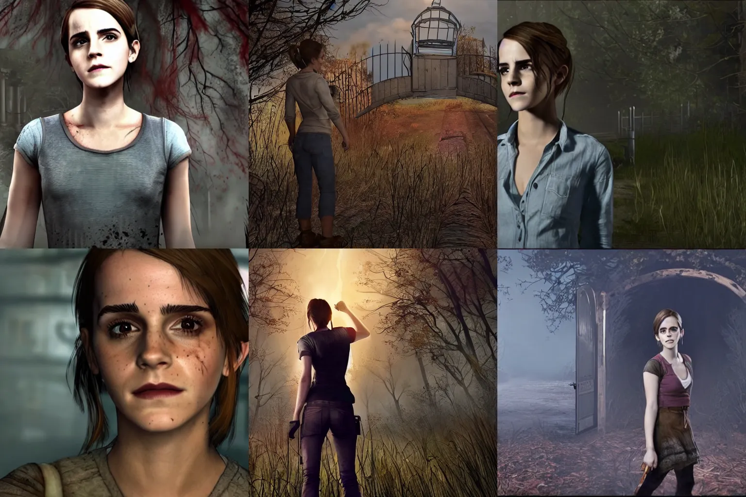 Prompt: Screenshot of Emma Watson in Dead By Daylight opening the exit gates