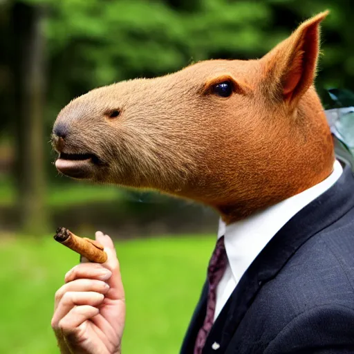 Image similar to smoking cigar, a man wearing a suit capybara head (smoking cigar)