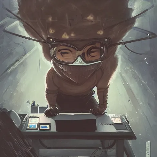 Image similar to an insanely detailed painting of a chubby nerdy asian man wearing a homemade superhero costume and mask, sitting at a computer desk typing on the keyboard, in the style of peter mohrbacher, dramatic lighting and composition, trending on artstation, concept art, comic book, graphic novel, back view