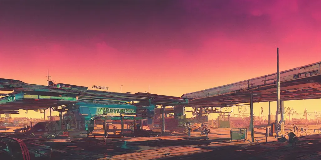 Prompt: post apocalyptic wasteland neon futuristic cyberpunk vaporwave glow sunset clouds sky highway overpass bus depot illustration by syd mead concept art