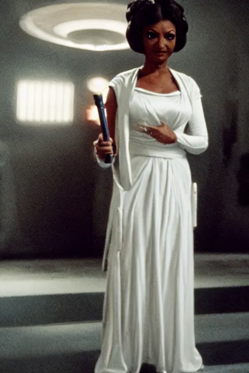 Prompt: photorealistic!! adult nichelle nichols as princess leia, white regal gown, hair buns, lt uhura film quality