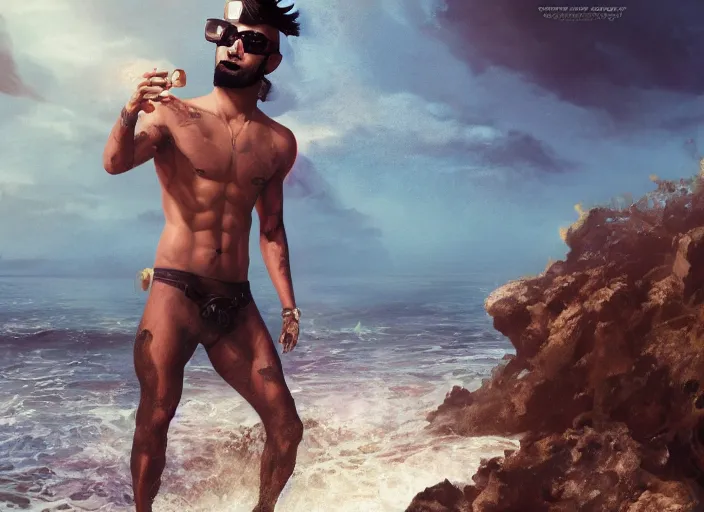 Prompt: muscular shirtless pirate Zayn Malik smirking and wearing cholo sunglasses while playing in the ocean, twilight, steelpunk, ghibli studio, nekro, Tom Bagshaw, Craig Mullins, octane 8k, by brian froud, Trending on ArtStation