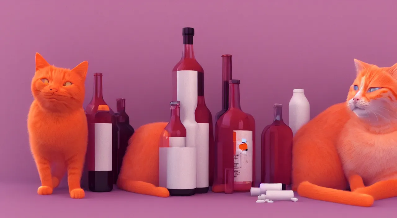 Prompt: An orange cat is smiling, 2 bottles of medicine next to the cat, retro wave, pink hues, octane render,