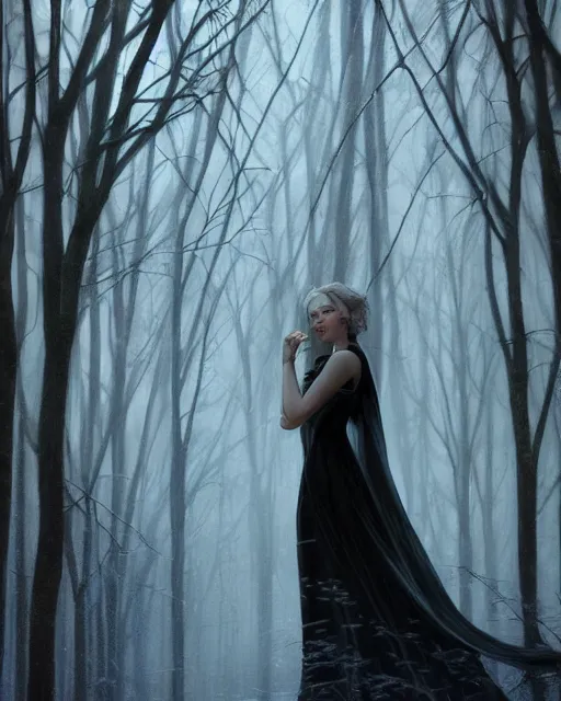 Image similar to elsa, winter, somber, sad, black dress, low light, foggy at dawn, sunlight visible through tree leaves, misty, magic, atmospheric art by artgerm and greg rutkowski and alphonse mucha and by artgerm, by studio muti, greg rutkowski makoto shinkai takashi takeuchi,