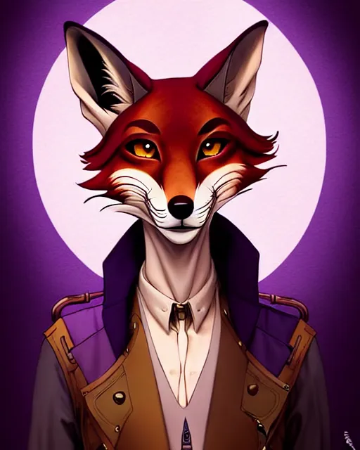 Image similar to don bluth, loish, artgerm, joshua middleton, steampunk, clockpunk anthropomorphic fox girl, purple vest, smiling, symmetrical eyes symmetrical face, colorful animation forest background