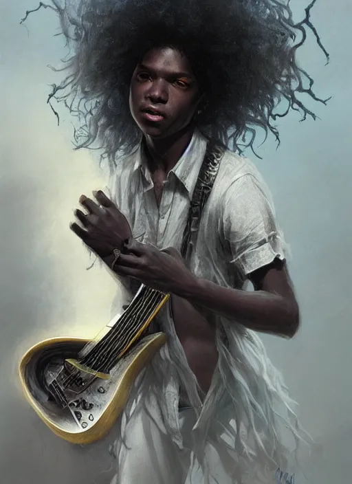 Prompt: fantasy changeling black kid with long curly hair playing electric guitar, half half, dim light, front game card, marvel comics, dark, intricate, highly detailed, smooth, artstation, digital illustration by ruan jia and mandy jurgens and artgerm and wayne barlowe and greg rutkowski and zdislav beksinski