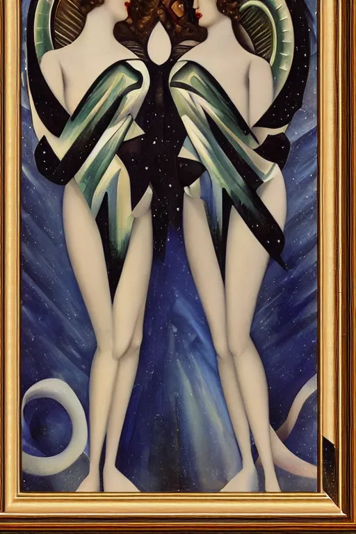 Prompt: highly detailed art deco framed painting of gemini goddesses fully clothed in celestial gowns floating in space zoomed out by tamara de lempicka