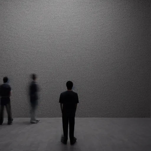 Prompt: perspective altered men stood in a brutalist art gallery, staring at a blank canvas, hd photorealism, 7 0 mm lens w 1 0 2 4 h 7 6 8