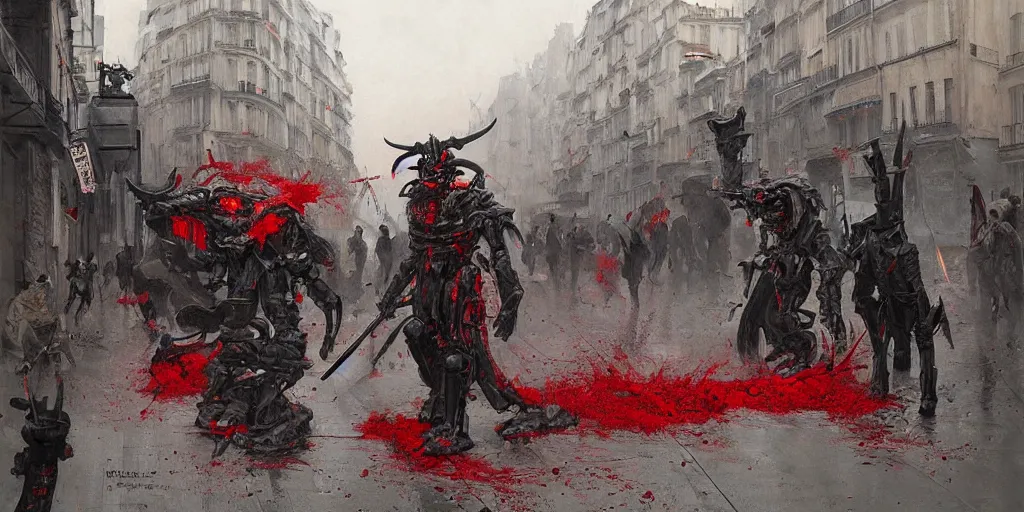 Image similar to demonic samurai robot on the streets of paris, very detailed painting, concept art, very creepy, pile of bodies, a lot of blood on the streets, art by jakub rozalski