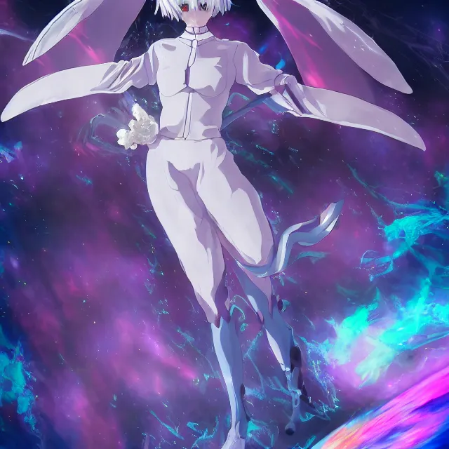 Image similar to rei ayanami, deep space, seascape, grimes, silver hair, shikinami asuka langley, card captor sakura, bunny ears, cosmos, psychedelic flowers, black opal, rainbow aura quartz, organic, oni compound artwork, of character, render, artstation, portrait, wizard, beeple, art, fantasy, epcot, psychedelic glitchcore