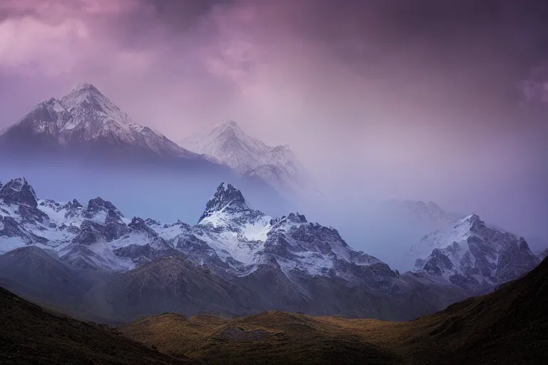 Image similar to landscape photography by marc adamus, mountaiins, a dramatic lighting, mountains, a tree in the foreground