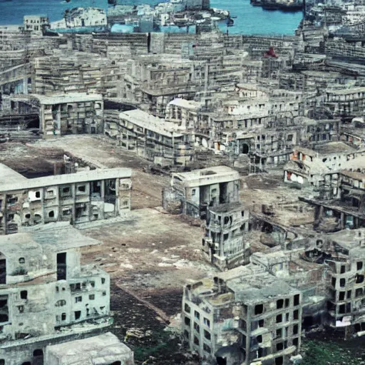 Prompt: brutalist city, prison city, totalitarian prison island, hashima island, rundown buildings, military buildings, prison complex, colorized 1 6 mm photo