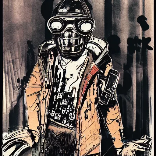 Image similar to Graphic Illustration, Creative Design, Moloch, Techwear, Cyberpunk, Full Body Portrait, Character Design, by Ralph Steadman, Francis Bacon, Hunter S Thompson