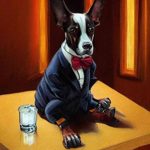 Prompt: a beautiful illustration painting of a dog in a tuxedo drinking whiskey in a dimly lit bar by Jerome Opeña featured on artstation, studio lighting, photorealistic digital art