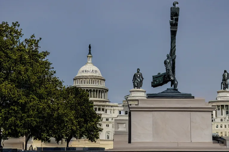 Image similar to A large dollar sign statue outside of the United States Capitol, 4k, award winning photo