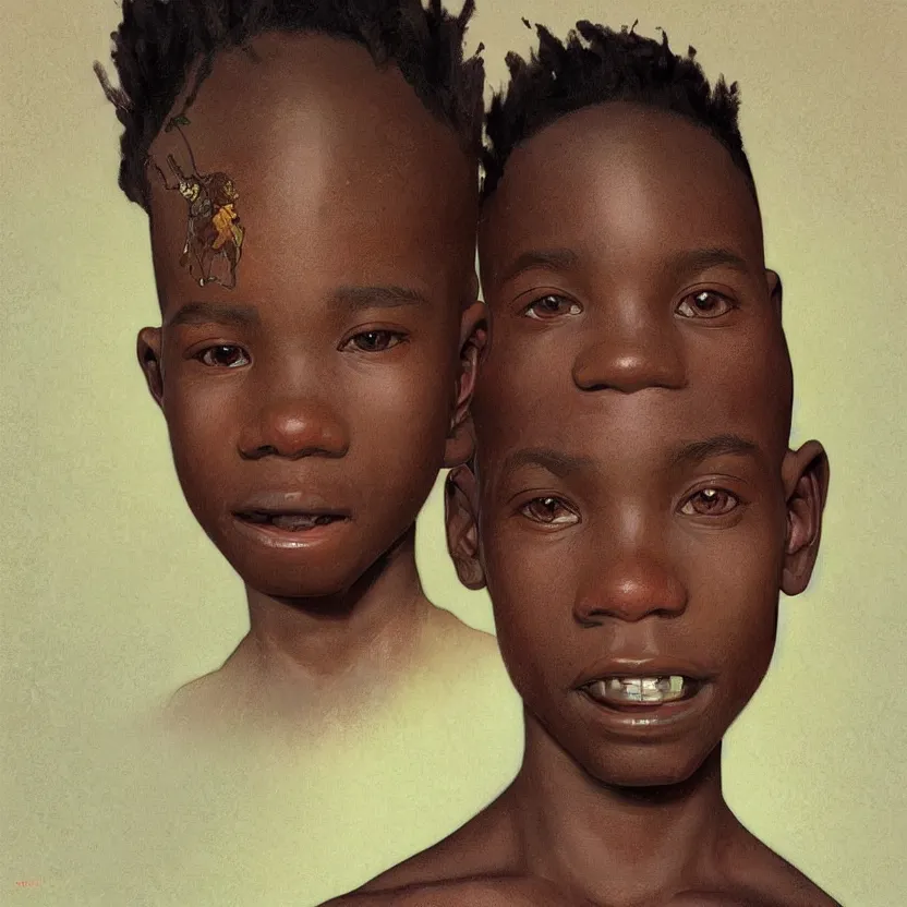 Image similar to colourful upper half portrait of an african boy with sliver teeth grillz, art by hsiao - ron cheng & alphonse mucha, highly detailed, digital painting, ray tracing, concept art, illustration, smooth sharp focus, intricate, symmetry, artstation,