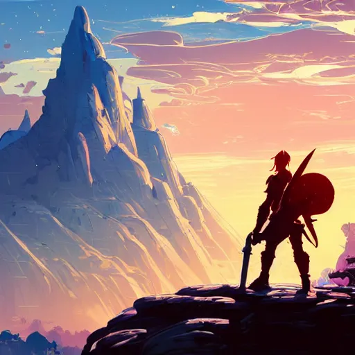 Prompt: cell shaded cartoon, warrior watching the sunrise over a battlefield,, illustration, wide shot, subtle colors, concept art by josan gonzales and wlop, laurie greasley, jordan grimmer and james jean, highly detailed, sharp focus, trending on artstation, hq, deviantart, art by artgem, in the style of breath of the wild