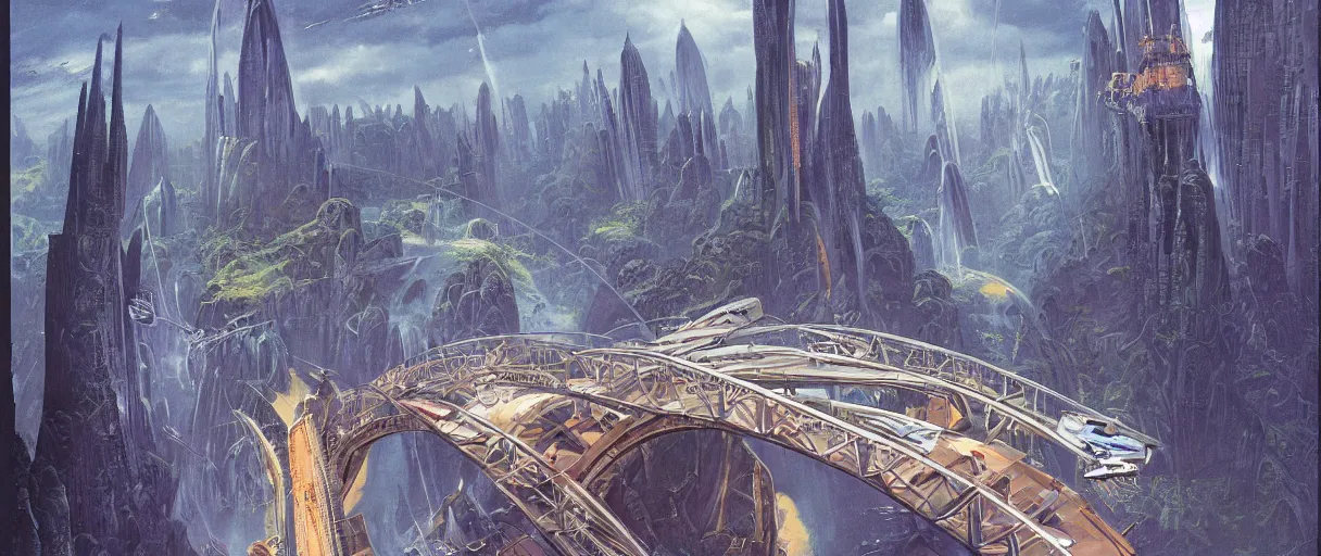 Prompt: A beautiful illustration of a futuristic city of bridges built on a world of waterfalls by Robert McCall and Ralph McQuarrie | sparth:.2 | Time white:.2 | Rodney Matthews:.2 | Graphic Novel, Visual Novel, Colored Pencil, Comic Book:.6 | unreal engine:.3 | | viewed from above | establishing shot:.7