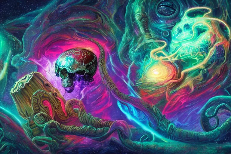 Prompt: a giant skull with intricate rune carvings and glowing eyes with lovecraftian tentacles emerging from a space nebula by dan mumford, twirling smoke trail vortex, twisting galaxies, digital art, photorealistic, vivid colors, highly detailed, intricate