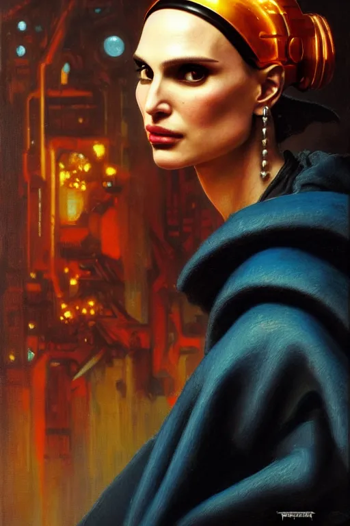 Image similar to character portrait cyberpunk warhammer 4 0 k, natalie portman as the girl with the pearl earring character design, painting by gaston bussiere, katsuya terada, frank frazetta, tom of finland, trending on artstation