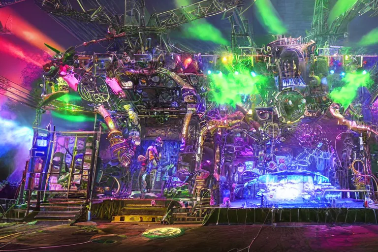 Image similar to an outdoor festival stage with audience, on stage is a rockband with 3 steampunk robots with guitars and drums, center of the stage is a big steampunk generator, laser show, 8 k, fluorescent colors, halluzinogenic, multicolored, exaggerated detailed, unreal engine, 8 0 mm lens