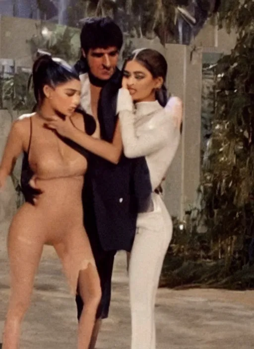 Prompt: film still of kylie Jenner hugging Tony Montana, Tony holding her waist, rear shot, abandoned station