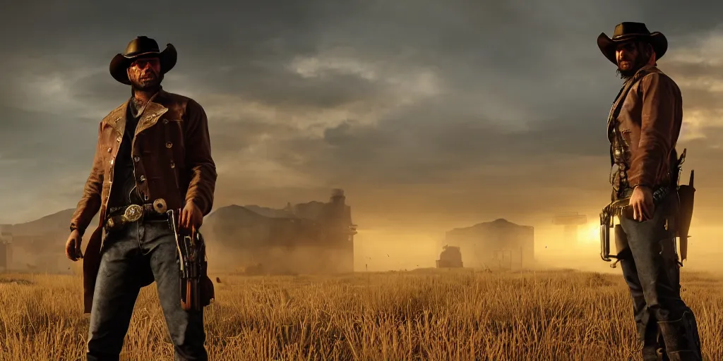 Image similar to Panorama screenshot cyborg red dead redemption, cowboy hat, brilliant long green hair, glowing golden eyes, wearing long trench coat, bright silver revolvers in holsters, dynamic dramatic golden moody lighting, volumetric lighting, shadows,cinematic atmosphere,Artstation, DAZ, bungie, hyperrealistic 3D digital art,Octane render