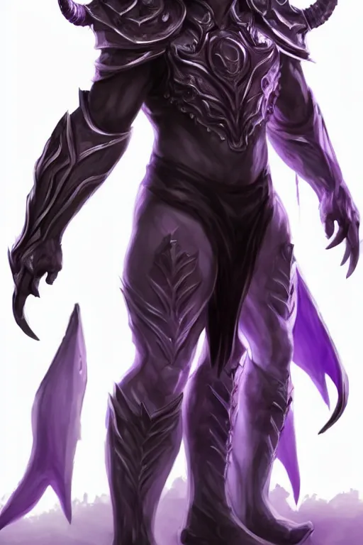 Image similar to human male demon, full body white purple cloak, hero, heavy scale armor, character concept art, costume design, black eyes, white horns, trending on artstation, Artgerm , WLOP