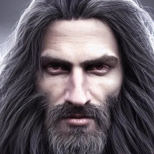 Image similar to a highly detailed portrait of a man with purple eyes, light gray long hair, beardless, wearing a black cloak, artstation, DeviantArt, professional, octane render