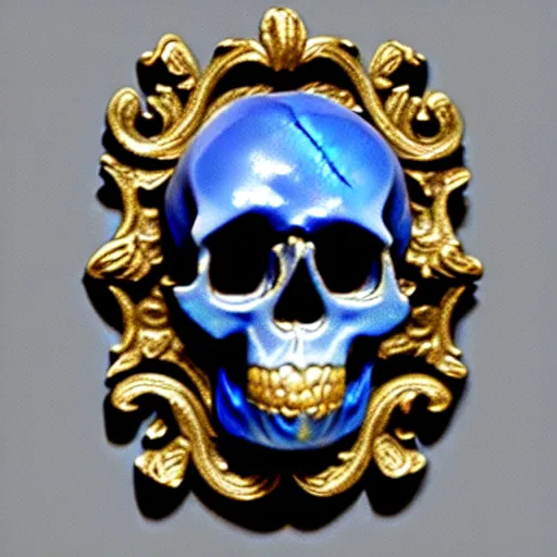 Prompt: skull, rococo decoration with gothic border, made of boulder opal