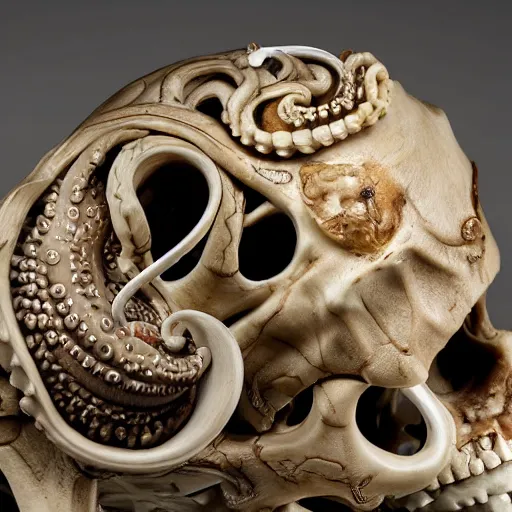 Image similar to an intricately detailed carving in an human - octopus skull, rococo ornate bone and ivory sculpted skull with teeth and tentacles, horror, artifact, micro detailed, inscribed with occult symbols, otherworldly