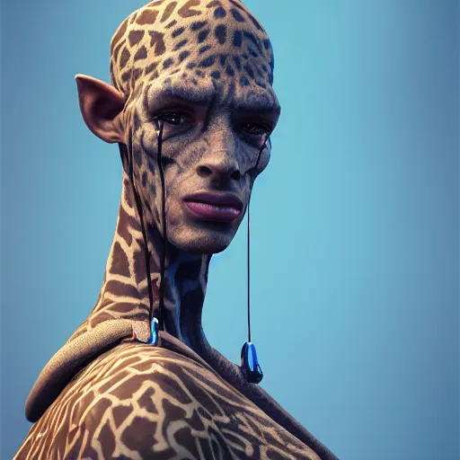 Image similar to a highly detailed portrait of a humanoid giraffe in a blue cloak, adventurer, artstation, deviantart, professional, unreal engine 5, octane render