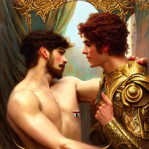 Image similar to attractive fully clothed king confesses his love for his attractive fully clothed male prince. highly detailed painting by gaston bussiere, tom bagshaw, j. c. leyendecker