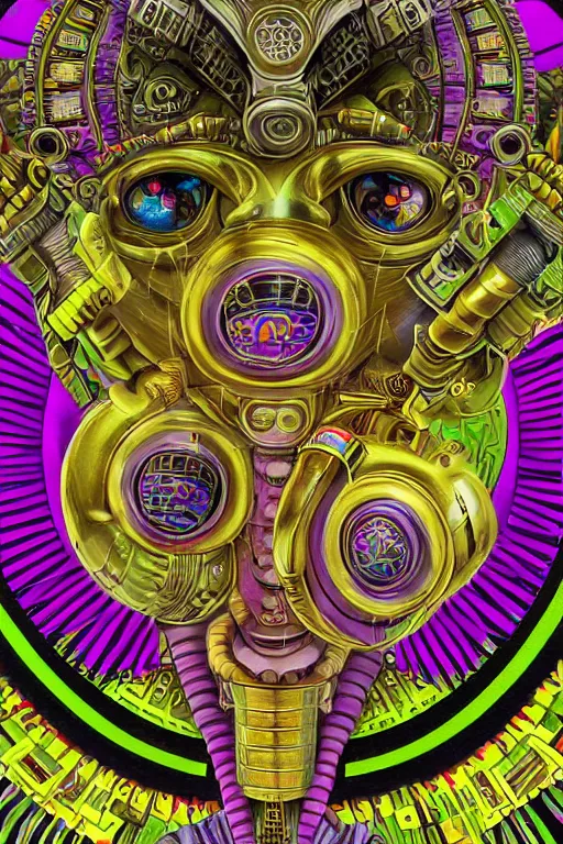 Image similar to a detailed portrait of a fashionable cyberpunk egyptian mayan deity aliens extraterrestrial wearing an ornate cyberdelic gas mask in the style of escher and william blake and stephen gammell and lisa frank in the style of adorable dark fantasy, fantasy, surrealism, crisp, award winning art, vivid colors, cmyk color scheme, low contrast, tilt shift, 8 k