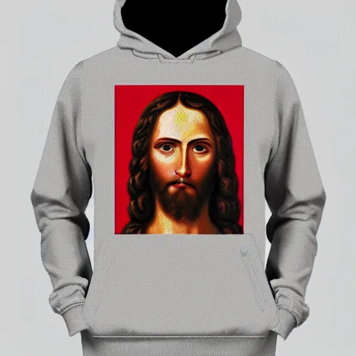 Image similar to an oil painting showing jesus wearing a supreme t - shirt underneath a gucci hoddie, 4 k, highly detailed