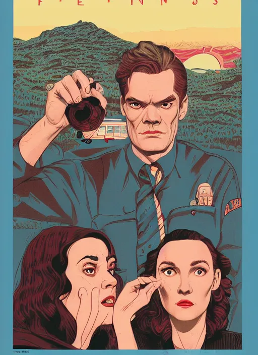 Prompt: Twin Peaks art, of Michael Shannon dressed as mechanic talking to Jennifer Connelly wearing light blue diner waitress dress, poster artwork by Tomer Hanuka and Kilian Eng, from scene from Twin Peaks, simple illustration, domestic, nostalgic, from scene from Twin Peaks, clean, New Yorker magazine cover