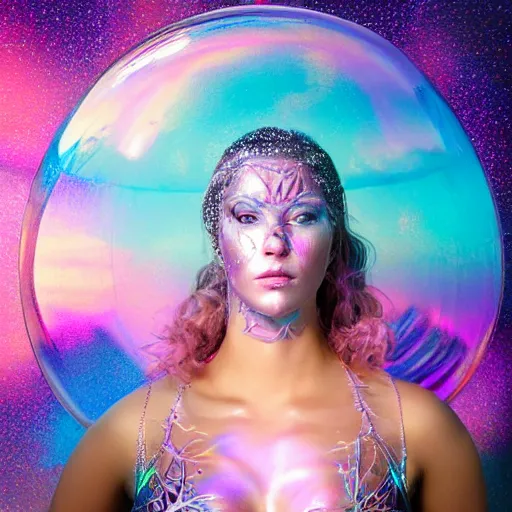 Prompt: portrait photo, a woman covered in intricate silver body paint and a purple florescent bikini inside an iridescent bubble floating above beautiful colorful pink sunset clouds, surrealism, dreamlike, artistic