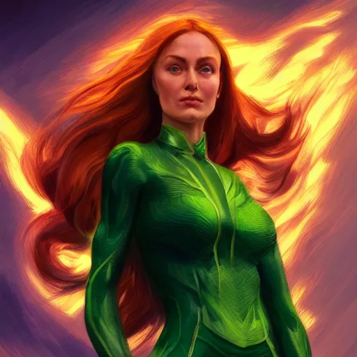 Image similar to full body portrait of jean grey, symetry, perfect face, green eyes, comic, phoenix rising, intricate, detailed, volumetric lighting, scenery, digital painting, highly detailed, artstation, sharp focus, illustration, concept art, ruan jia, steve mccurry